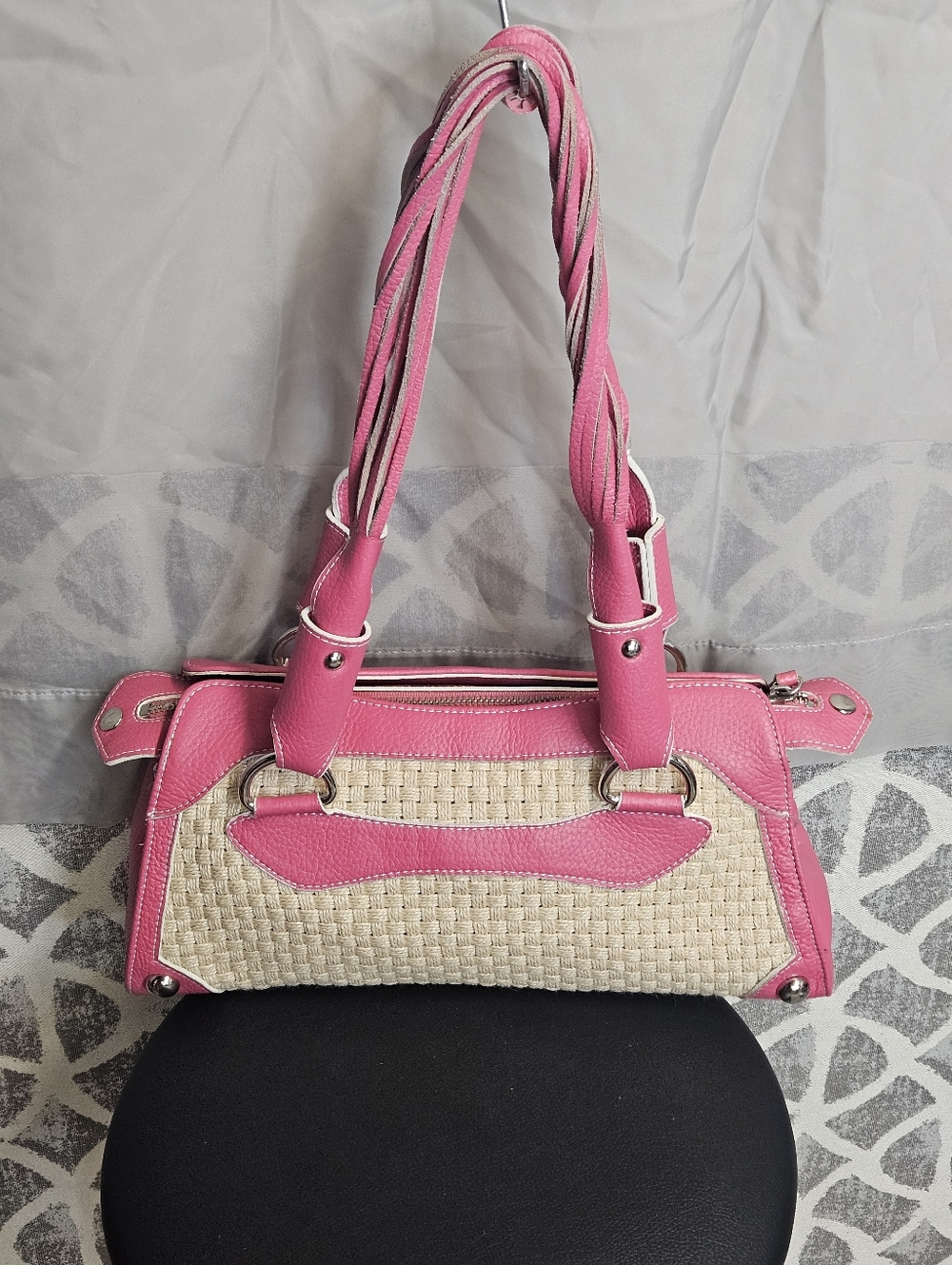 Chic Maxx New York Pink Leather Trim & Woven Expandable Zip Closure Shoulder Bag